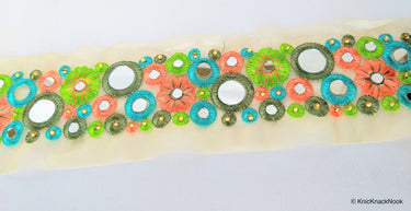Gold Sheer Tissue Fabric Trim With Coral, Blue And Green Circles and Floral Embroidery With Mirror Trim, Decorative Mirrored Trim